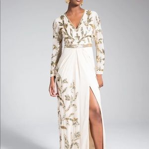 NWT Virgos lounge gold hand embroidered dress with long sleeves and front slit